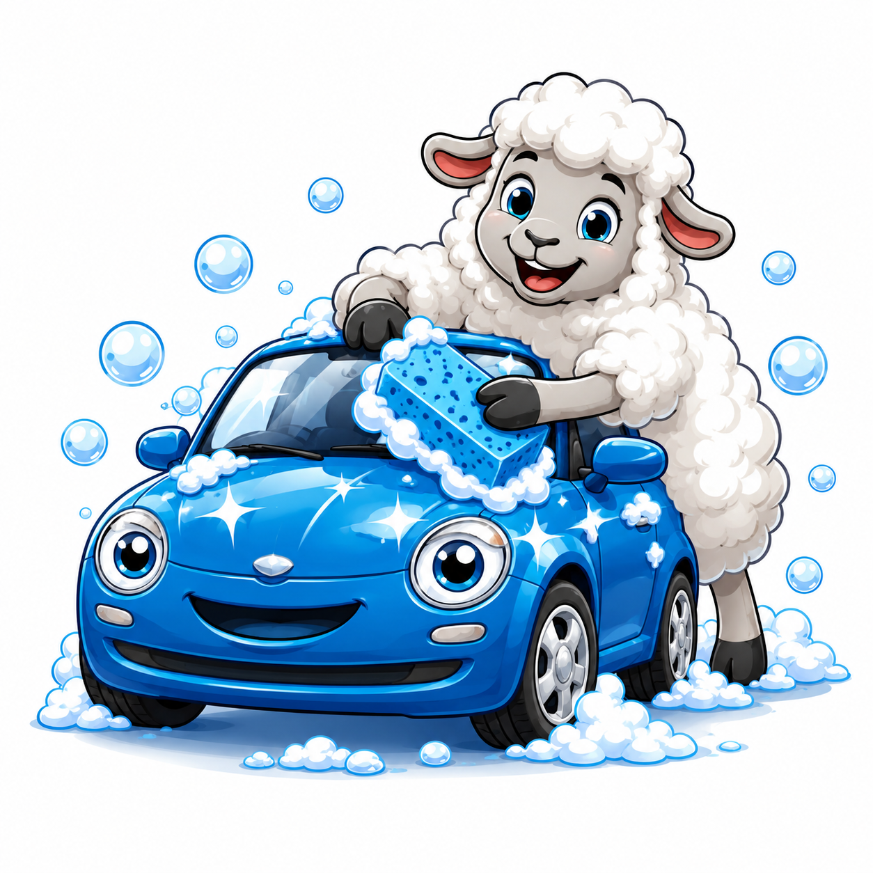 Soapy Sheep mascot washing a car